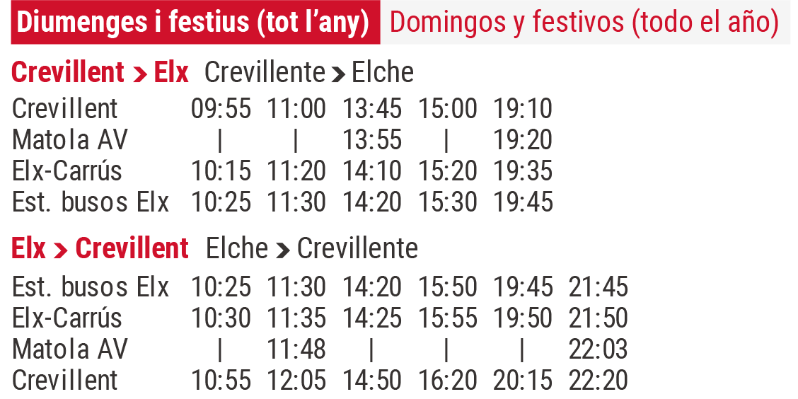 Autobuses Elche Crevillent domingos y festivos